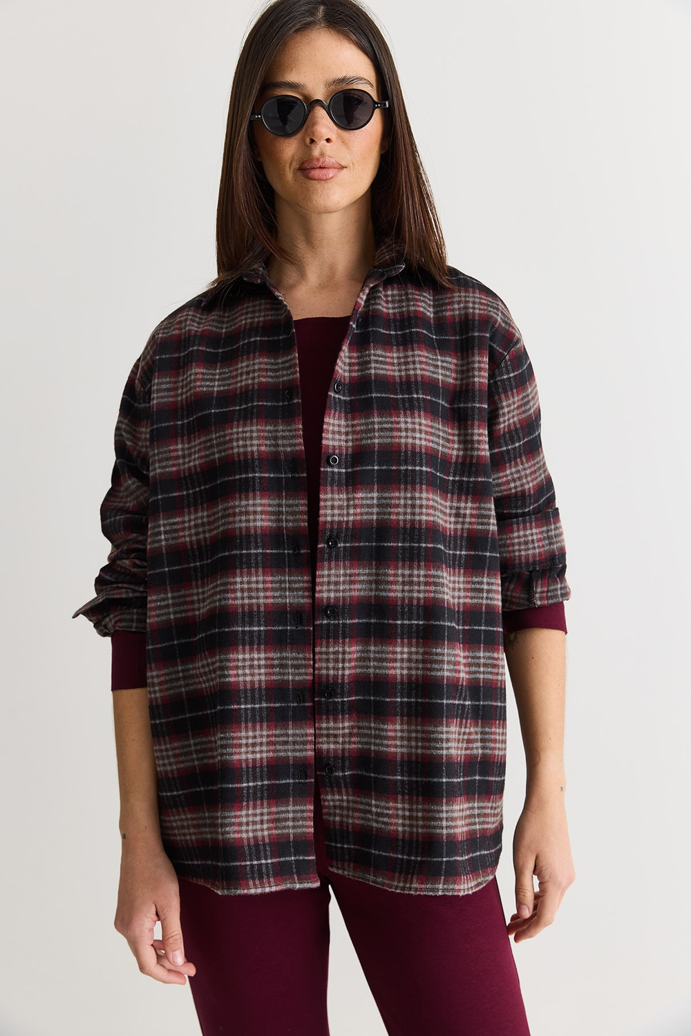 Kadın Oversize Ekose Desenli Oduncu Gömlek DG261035 60286552 - Siyah-Gri