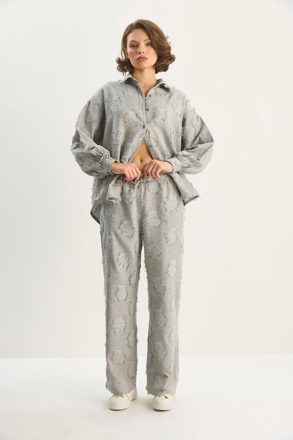Kadın Oversize Gömlek Beli Lastikli Pantolon Saçaklı Dokuma Alt-Üst Takım 6024 60284107 - Gri
