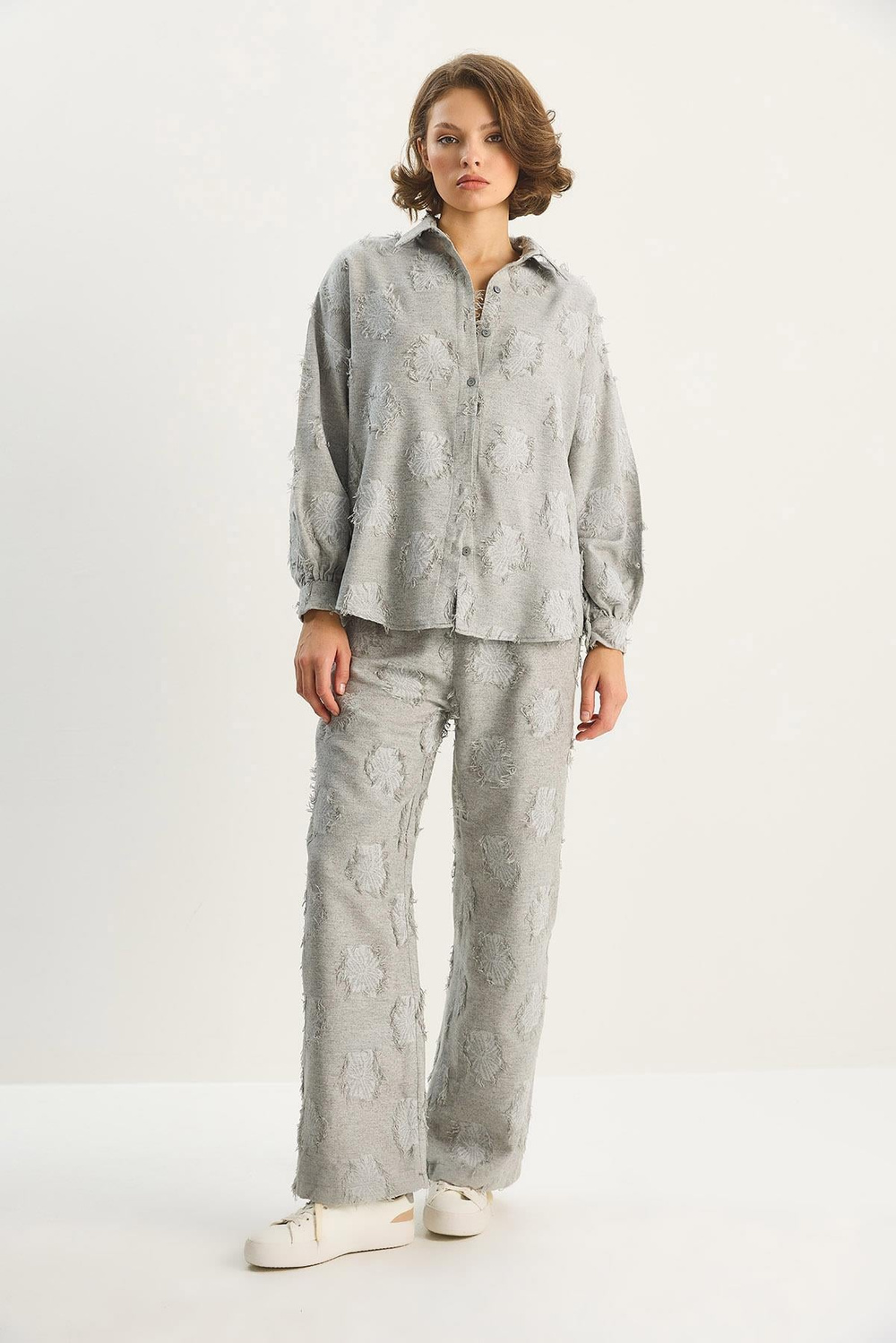 Kadın Oversize Gömlek Beli Lastikli Pantolon Saçaklı Dokuma Alt-Üst Takım 6024 60284107 - Gri