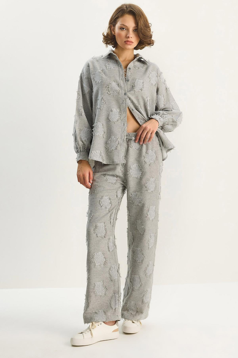 Kadın Oversize Gömlek Beli Lastikli Pantolon Saçaklı Dokuma Alt-Üst Takım 6024 60284107 - Gri