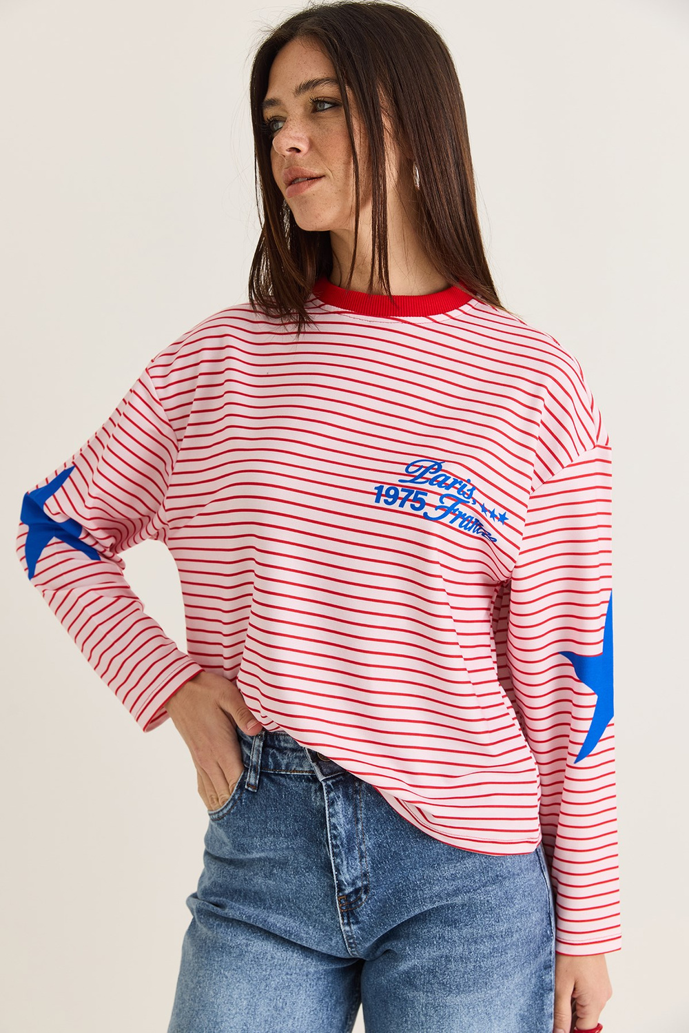 Kadın Paris 1975 Baskılı Yıldız Detaylı Çizgili Bisiklet Yaka Oversize Sweatshirt 927-2 60286670 - Pembe-Kırmızı