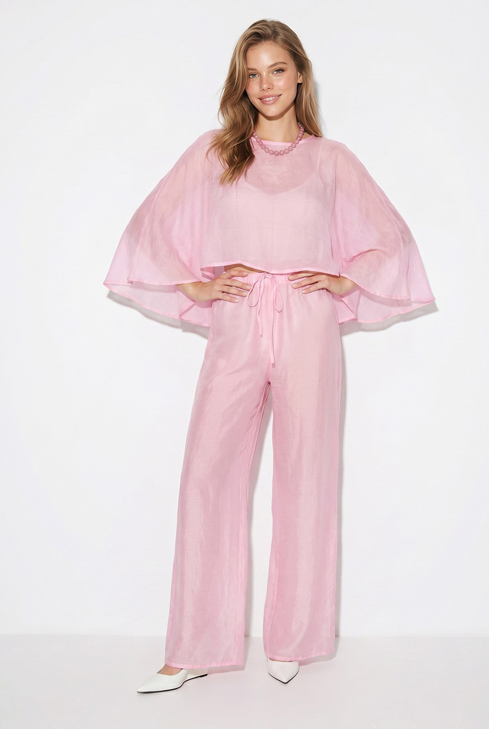 Kadın Pelerin Bluz Beli Lastikli Bağlamalı Bol Pantolonlu Plaj Takım 4152 60286385 - Pembe