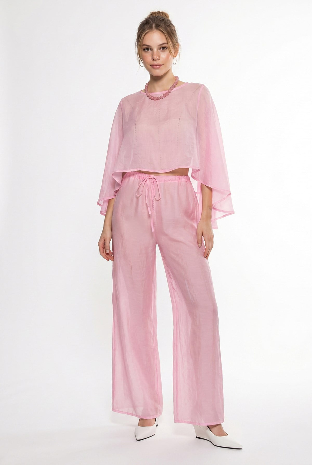 Kadın Pelerin Bluz Beli Lastikli Bağlamalı Bol Pantolonlu Plaj Takım 4152 60286385 - Pembe