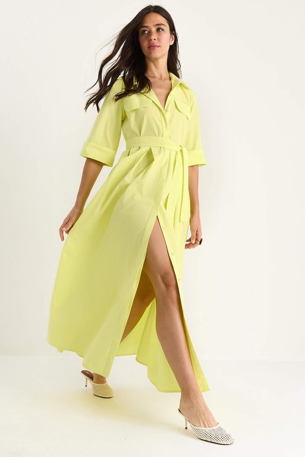 Kadın Pile Etekli Cep Detaylı Kuşaklı Poplin Midi Elbise 8441 60283445 - Limon Sarısı
