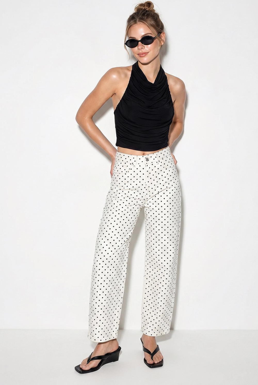 Kadın Puantiyeli Yüksek Bel Balloon Denim Pantolon 993 60286259 - Beyaz-Siyah