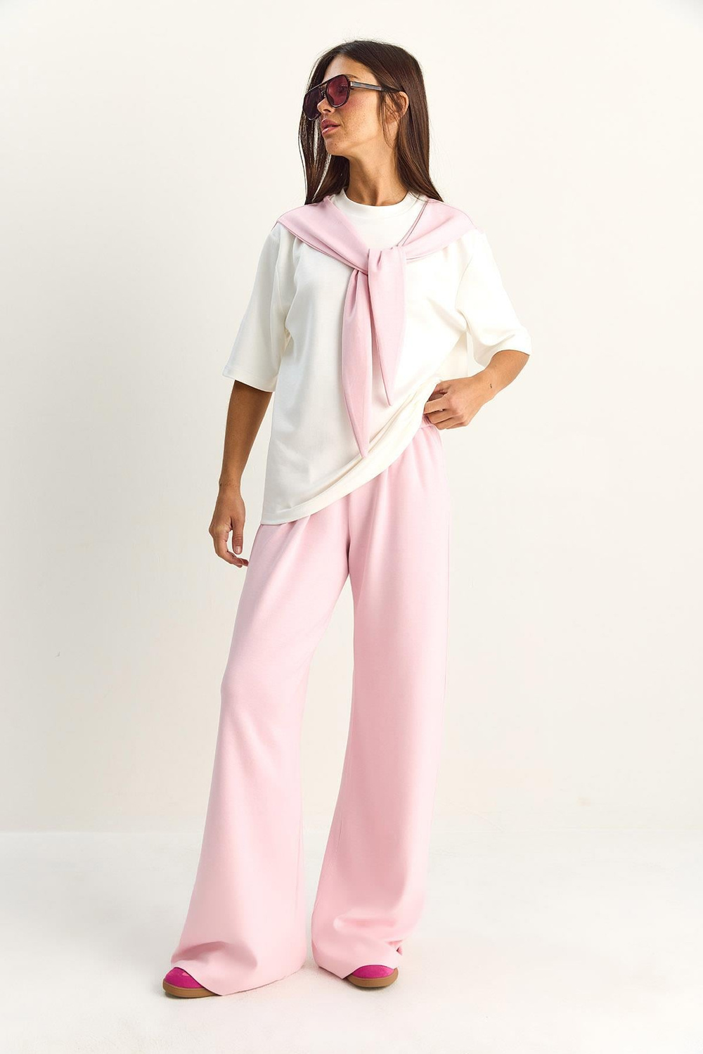 Kadın Şal Detaylı Basic T-Shirt Beli Lastikli Bol Pantolon Alt-Üst Modal Takım 4116 60286084 - Pembe-Beyaz
