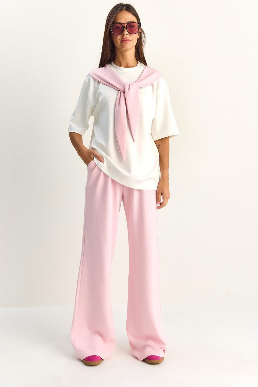 Kadın Şal Detaylı Basic T-Shirt Beli Lastikli Bol Pantolon Alt-Üst Modal Takım 4116 60286084 - Pembe-Beyaz