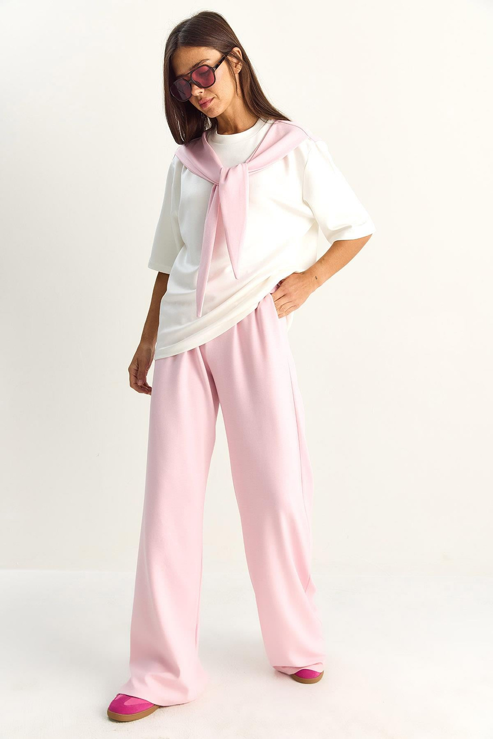 Kadın Şal Detaylı Basic T-Shirt Beli Lastikli Bol Pantolon Alt-Üst Modal Takım 4116 60286084 - Pembe-Beyaz