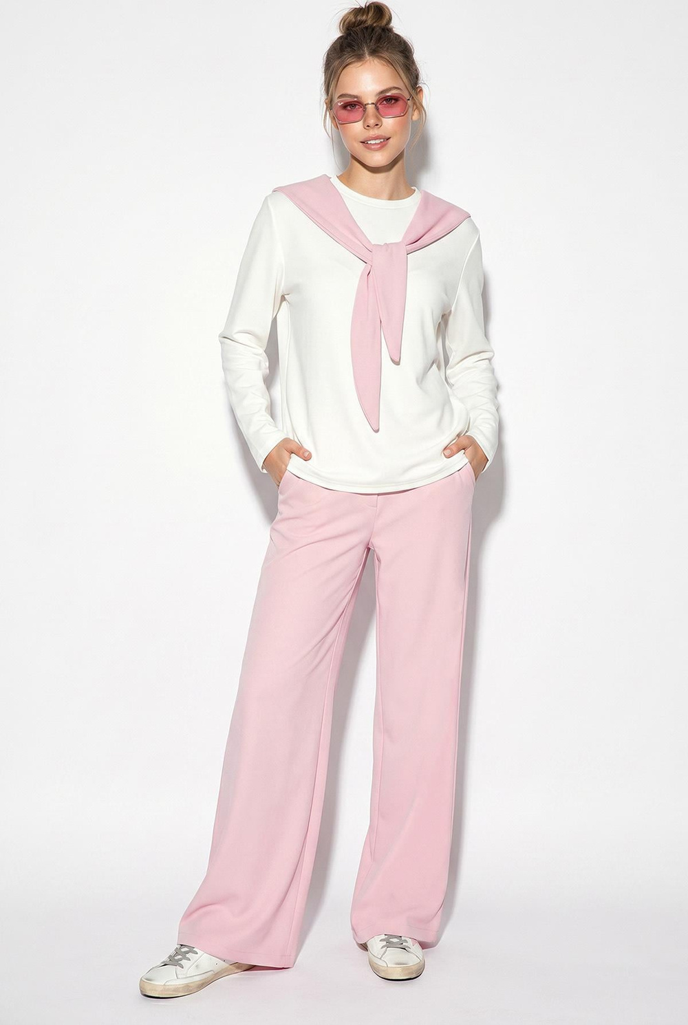 Kadın Şal Detaylı Uzun Kollu Basic T-Shirt Beli Lastikli Bol Pantolon Alt-Üst Modal Takım 4126 60286249 - Pembe