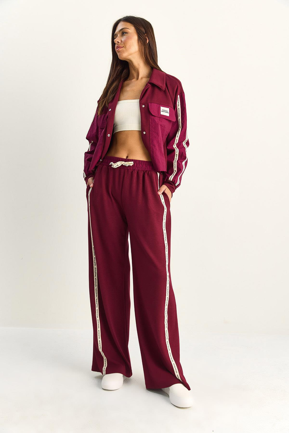 Kadın Şerit Detaylı Kontrast Dokulu Ceket Wide Leg Pantolon Takım 8075 60286154 - Vişne