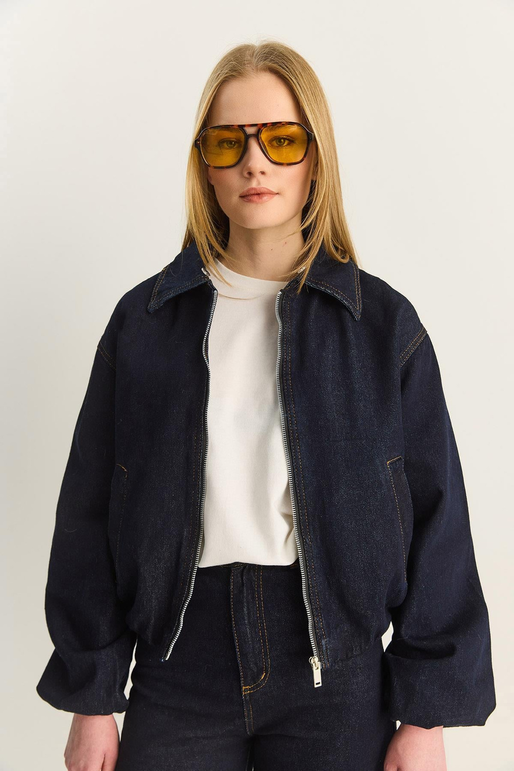 Kadın Seyyar Suni Kürk Yaka Astarlı Cep Detaylı Denim Bomber Ceket Pantolon Takım 6058 60283898 - Lacivert