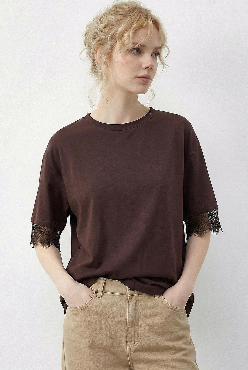 Kadın Sırt Detaylı Dantel Garnili T-Shirt 1073 60286023 - Acı Kahve