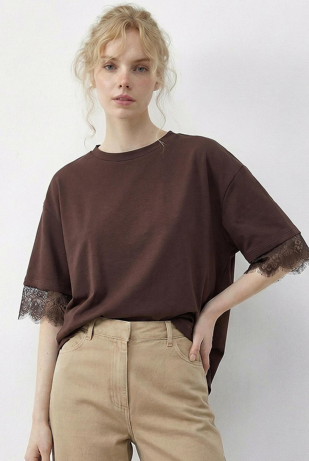 Kadın Sırt Detaylı Dantel Garnili T-Shirt 1073 60286023 - Acı Kahve