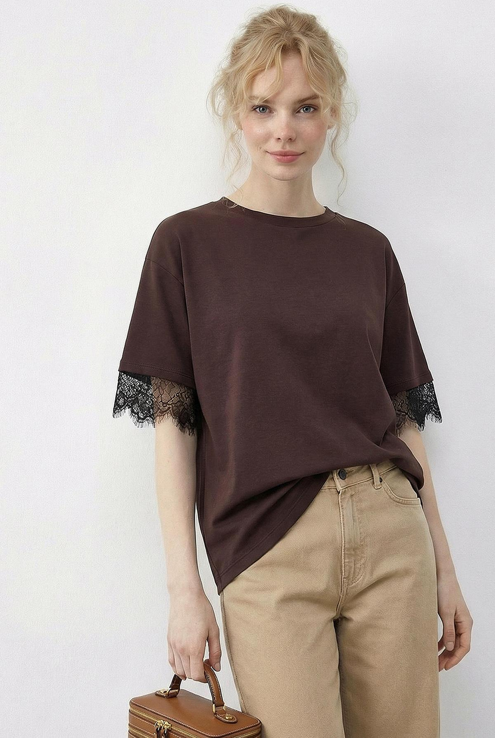 Kadın Sırt Detaylı Dantel Garnili T-Shirt 1073 60286023 - Acı Kahve