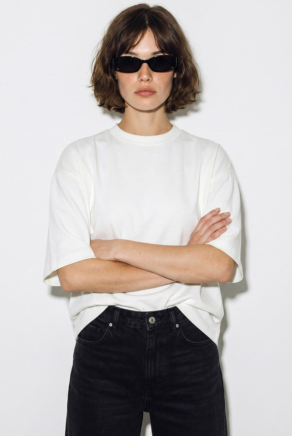 Kadın Sırtı Kalp Dekolteli Oversize Modal T-Shirt 1113 60286328 - Beyaz-Siyah