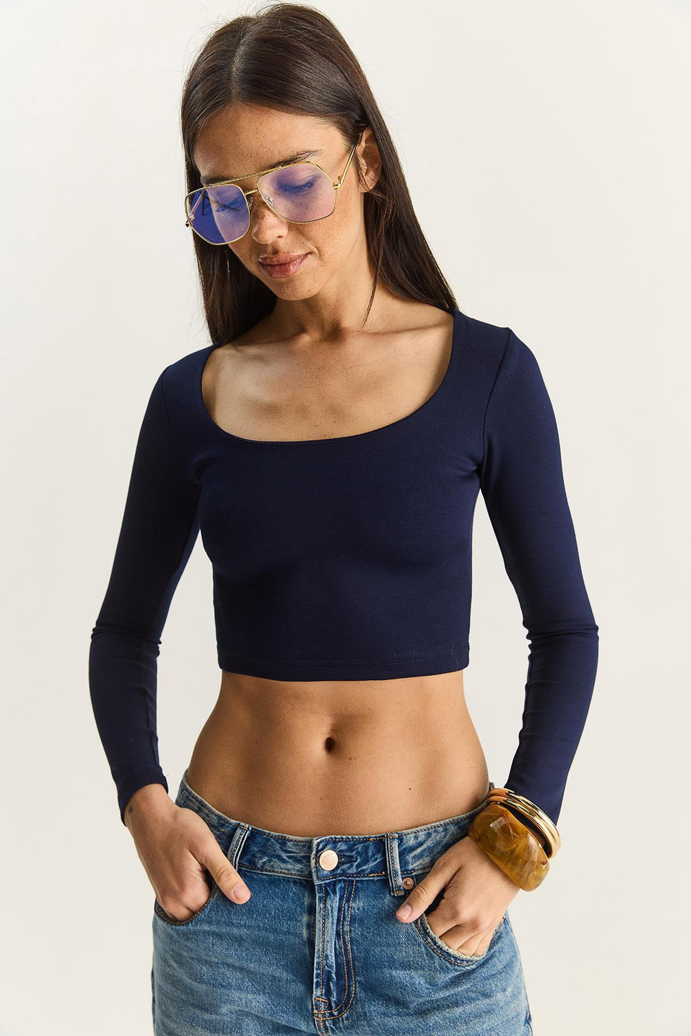 Kadın Soft Touch Kare Yaka Uzun Kollu Basic Bluz 0380 60283878 - Lacivert