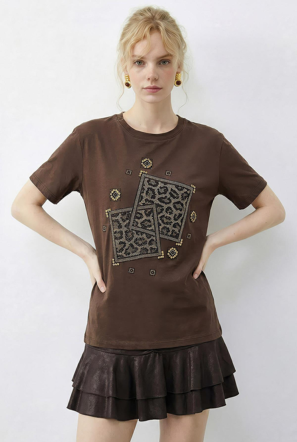 Kadın Taş Baskılı Leopar Desenli Bisiklet Yaka Regular Fit T-Shirt 2209 60283975 - Kahverengi