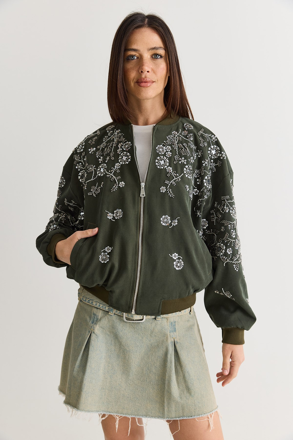 Kadın Taş ve Boncuk İşlemeli Oversize Fermuarlı Bomber Ceket 2950 60286566 - Haki
