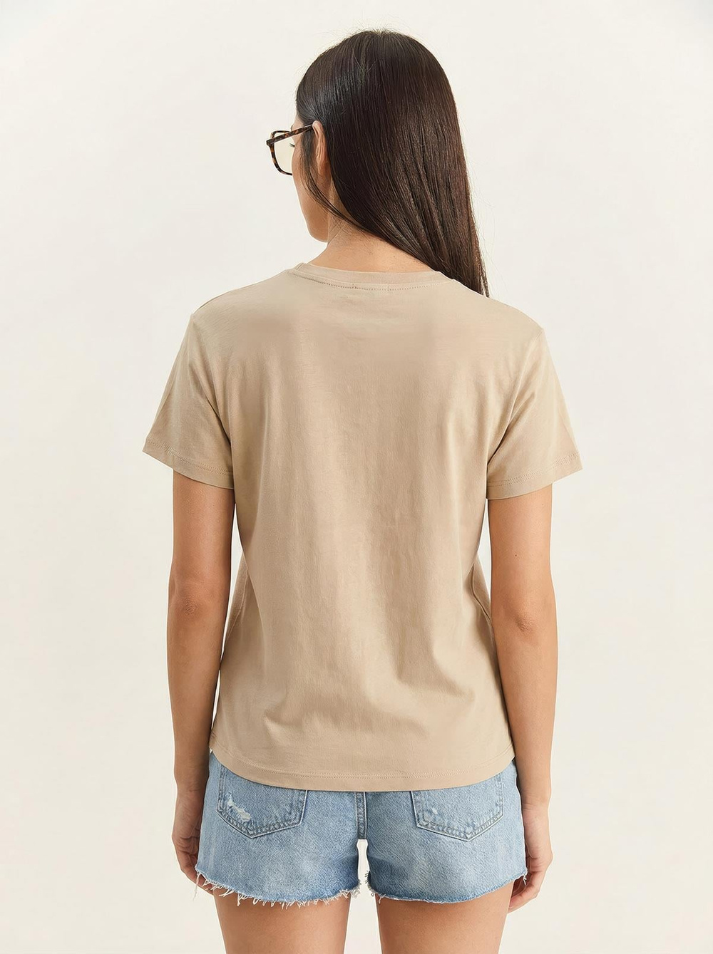 Kadın Teddy Nakışlı İşlemeli Bisiklet Yaka Basic T-Shirt 7533 60283952 - Bej