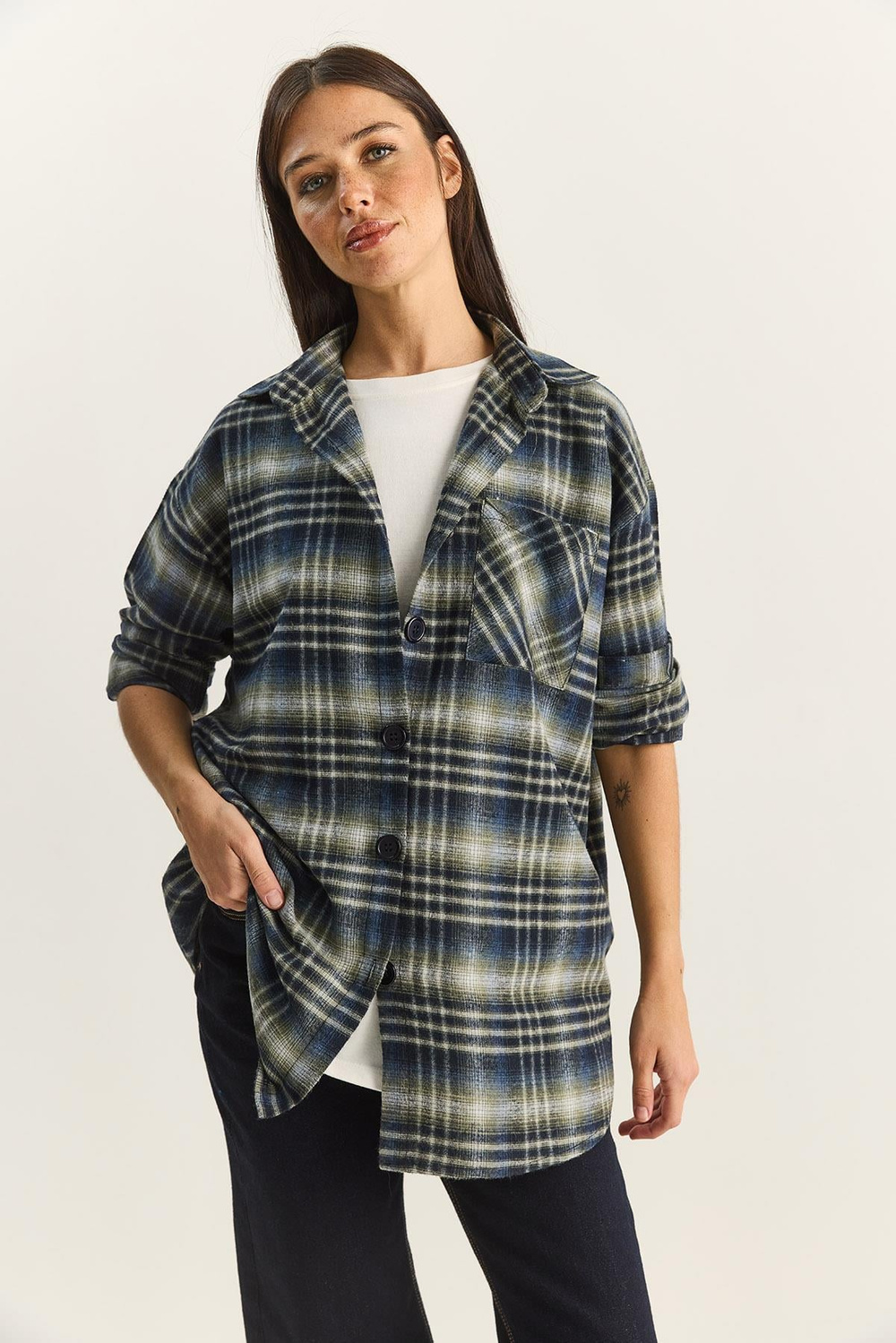 Kadın Tek Cep Detaylı Oversize Ekose Gömlek 513 60283572 - Lacivert-Yeşil