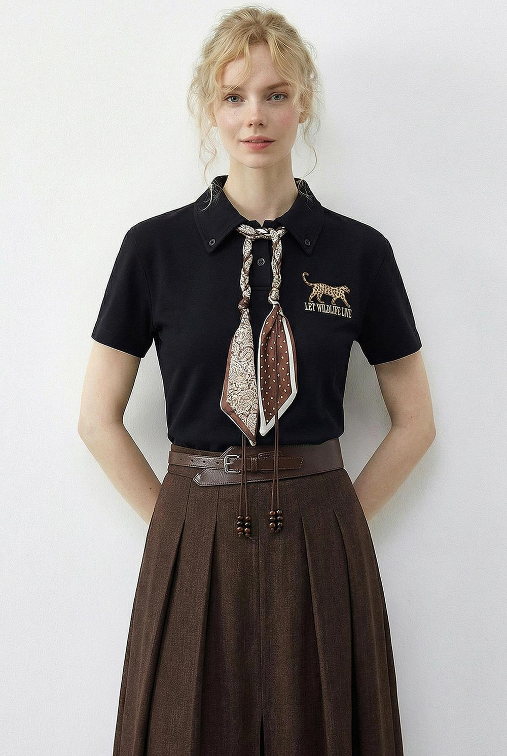 Kadın Tiger Nakışkı Fular Detaylı Polo Yaka T-Shirt 3501 60283973 - Siyah