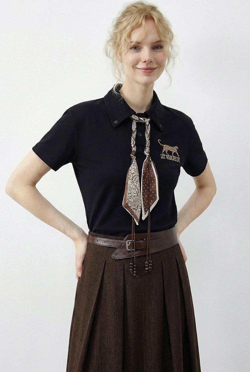 Kadın Tiger Nakışkı Fular Detaylı Polo Yaka T-Shirt 3501 60283973 - Siyah