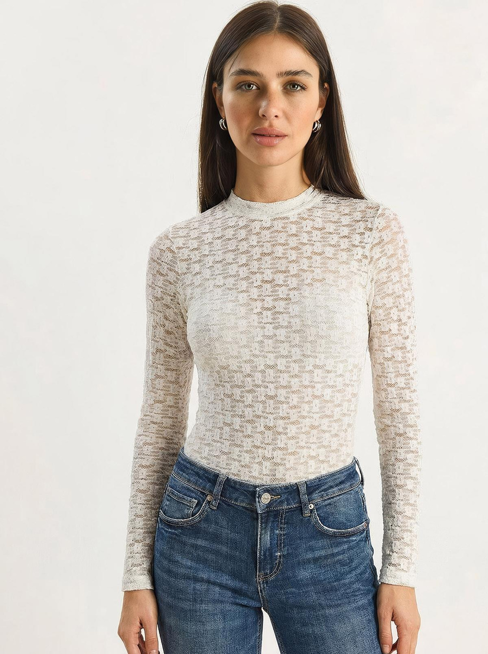 Kadın Uzun Kollu Yarım Balıkçı Yaka Transparan Tül Dantel Bodysuit 1034 60283930 - Beyaz