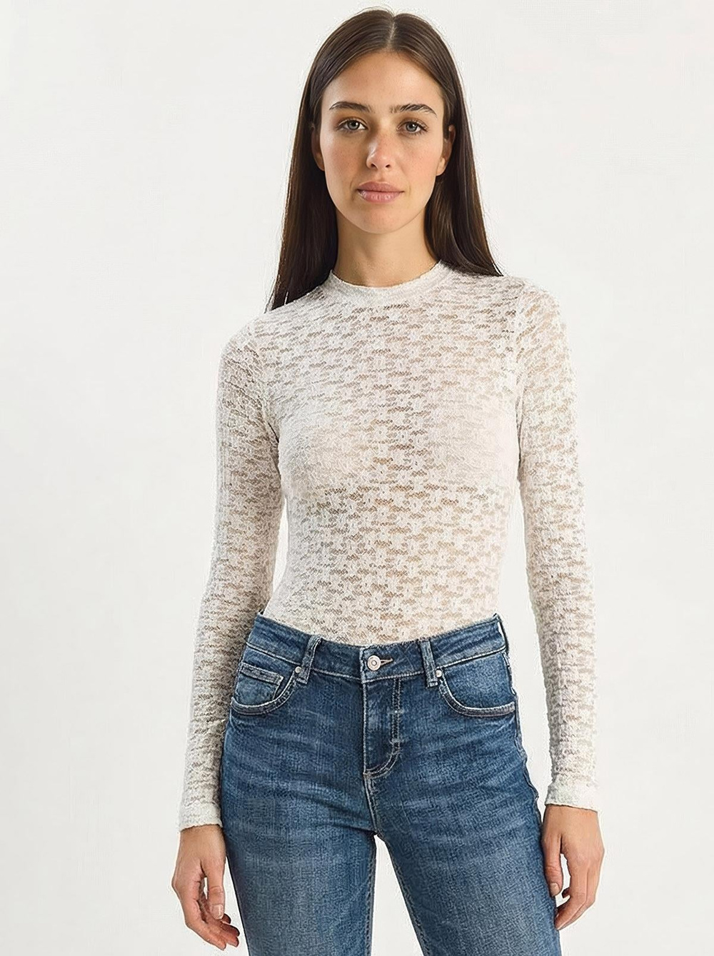 Kadın Uzun Kollu Yarım Balıkçı Yaka Transparan Tül Dantel Bodysuit 1034 60283930 - Beyaz