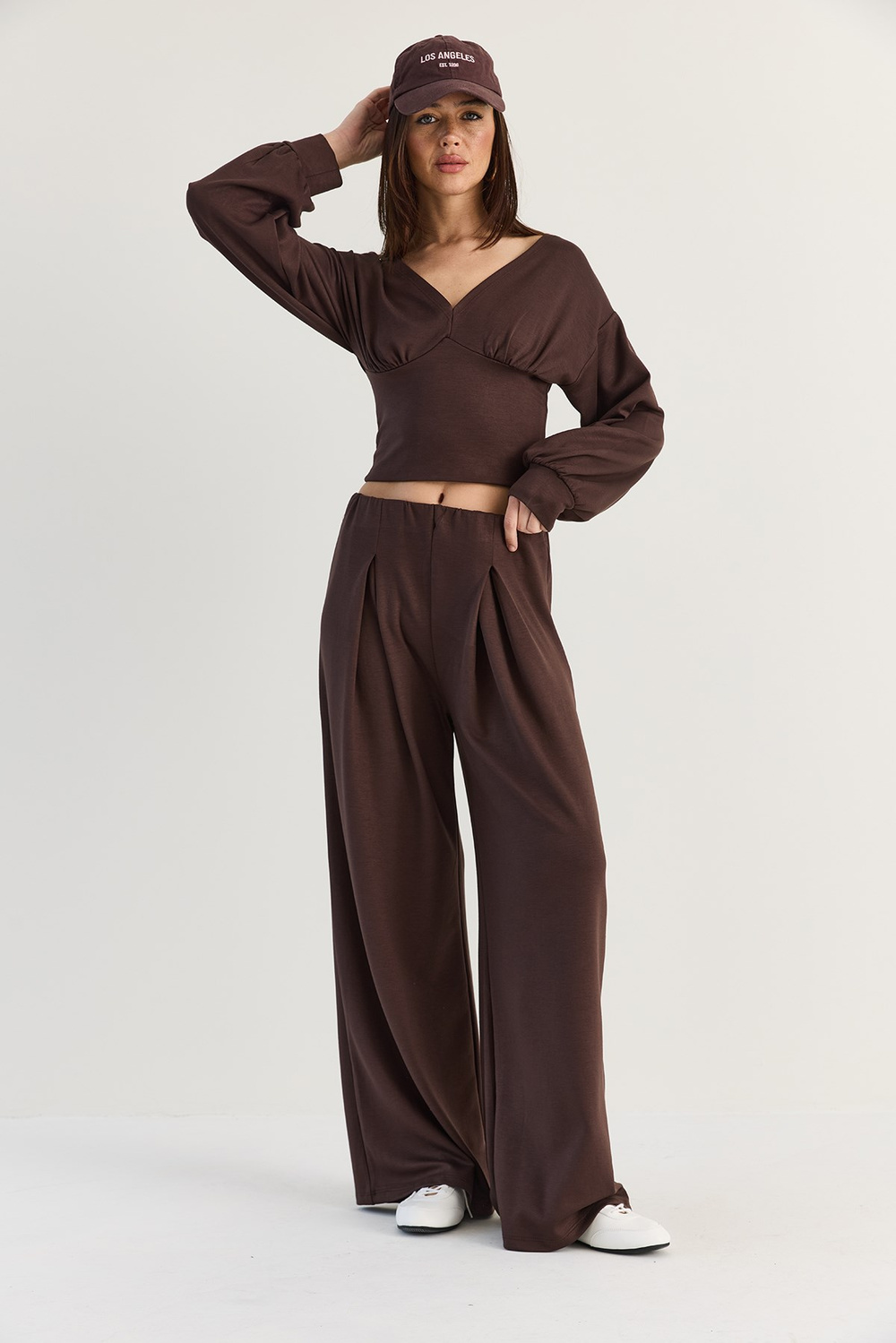 Kadın V Yaka Bel Korsajlı Crop Bluz Bel Pileli Palazzo Pantolon Modal Takım 0480 60286539 - Acı Kahve