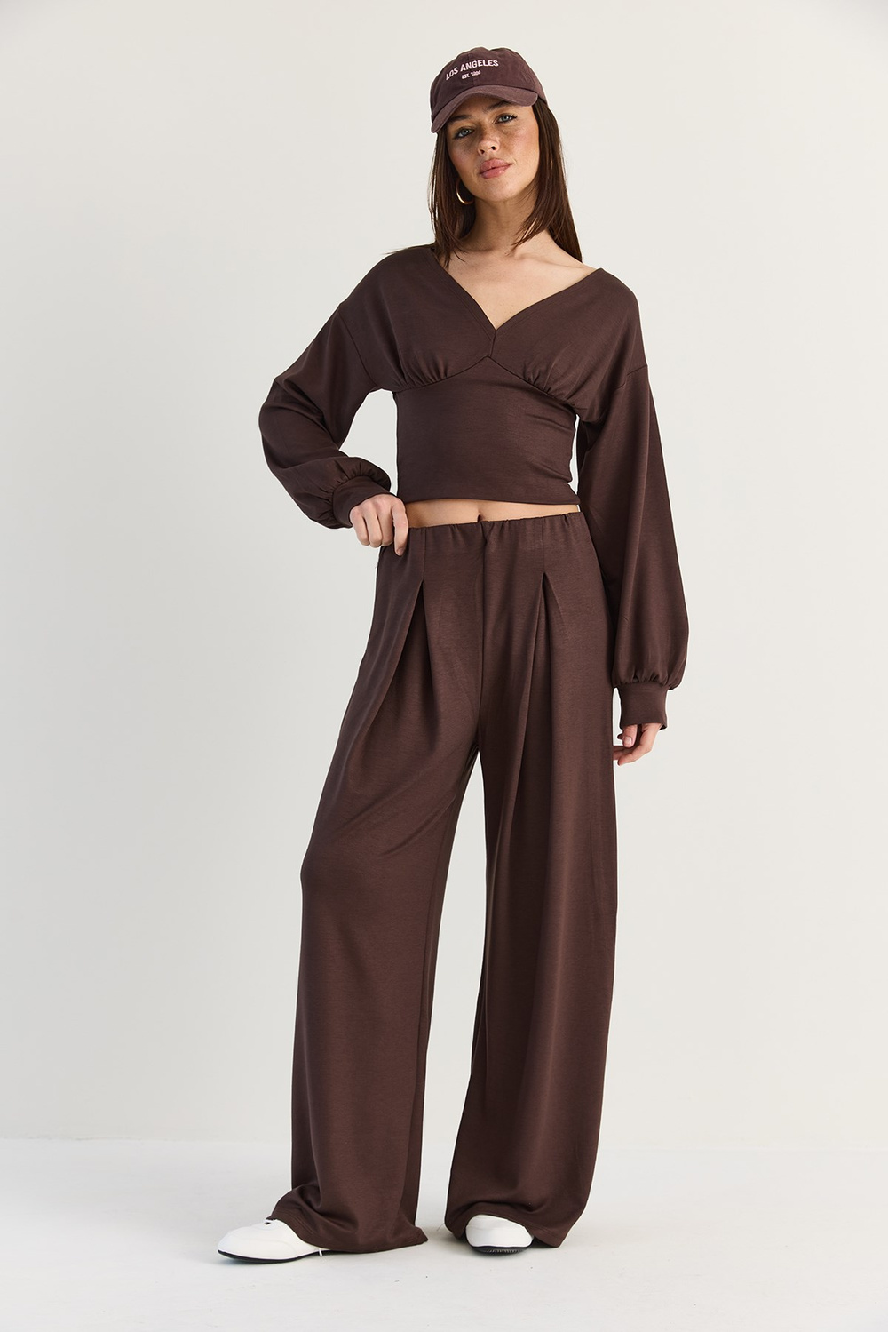 Kadın V Yaka Bel Korsajlı Crop Bluz Bel Pileli Palazzo Pantolon Modal Takım 0480 60286539 - Acı Kahve