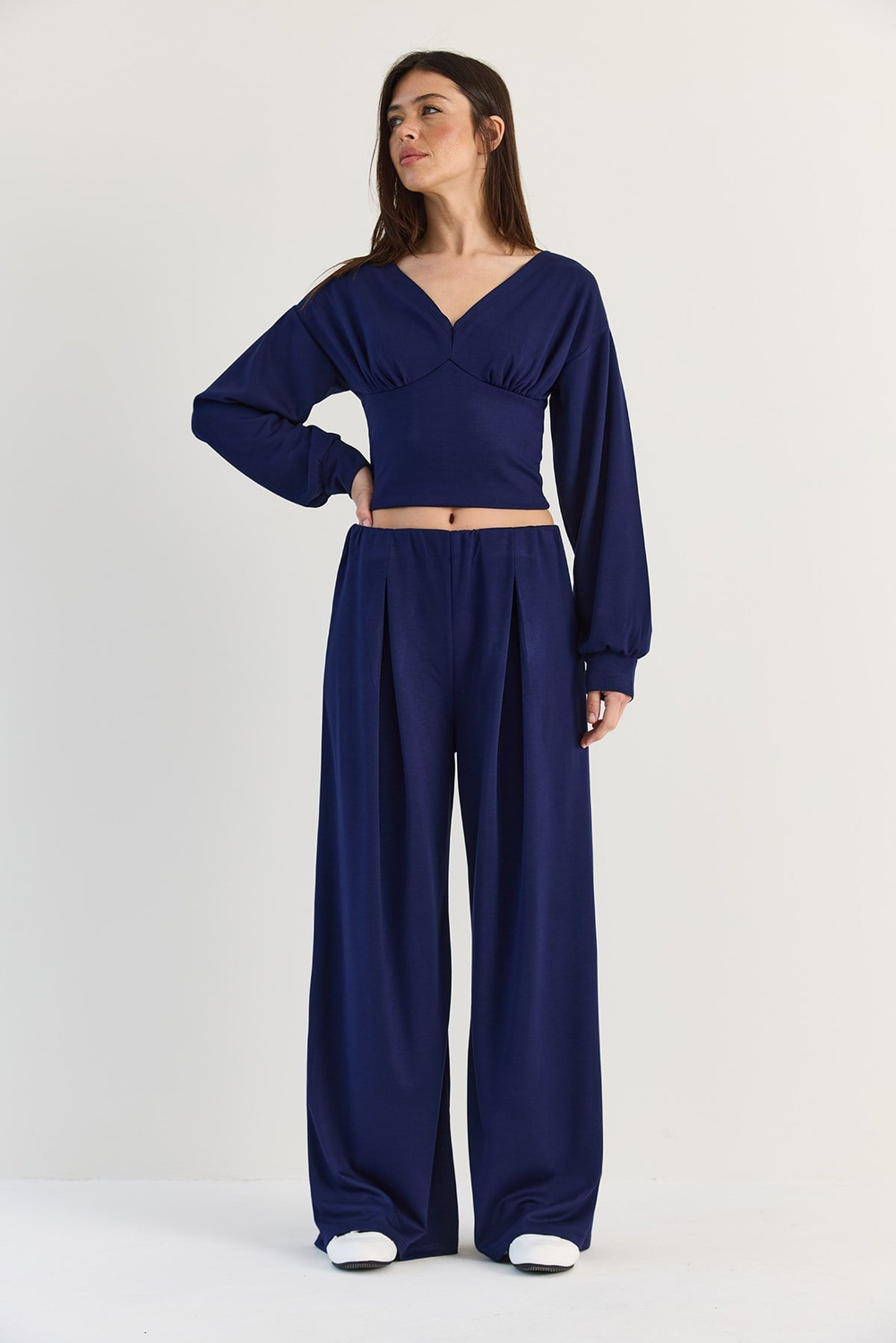 Kadın V Yaka Bel Korsajlı Crop Bluz Bel Pileli Palazzo Pantolon Modal Takım 0480 60286539 - Lacivert