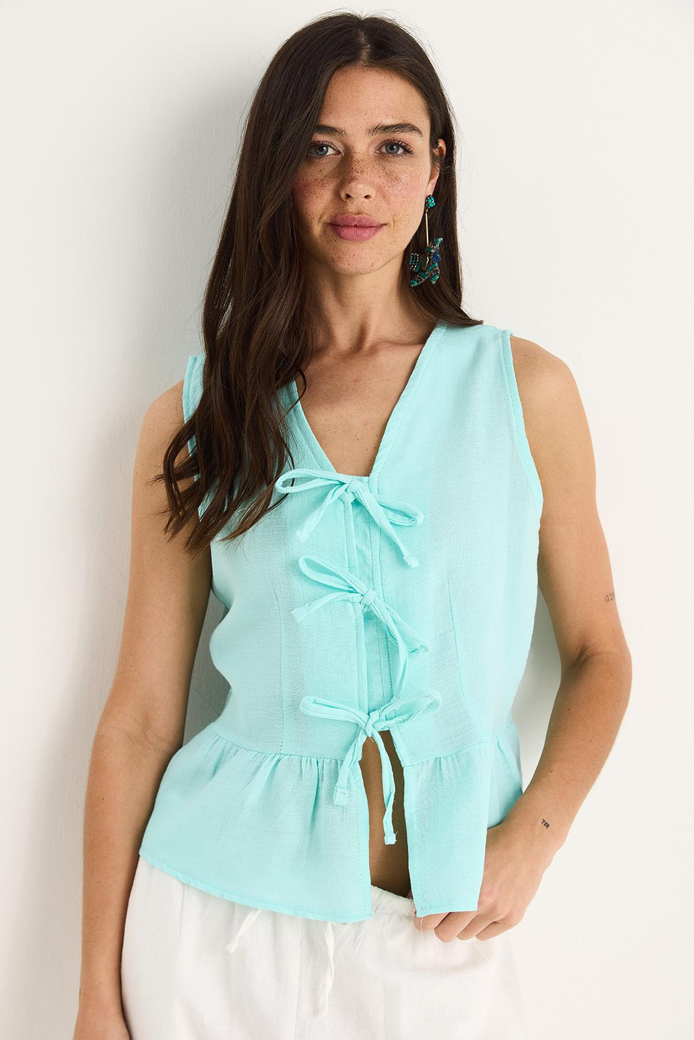Kadın V Yaka Fiyonk Detaylı Müslin Peplum Bluz G28-4883 60283356 - Su Yeşili