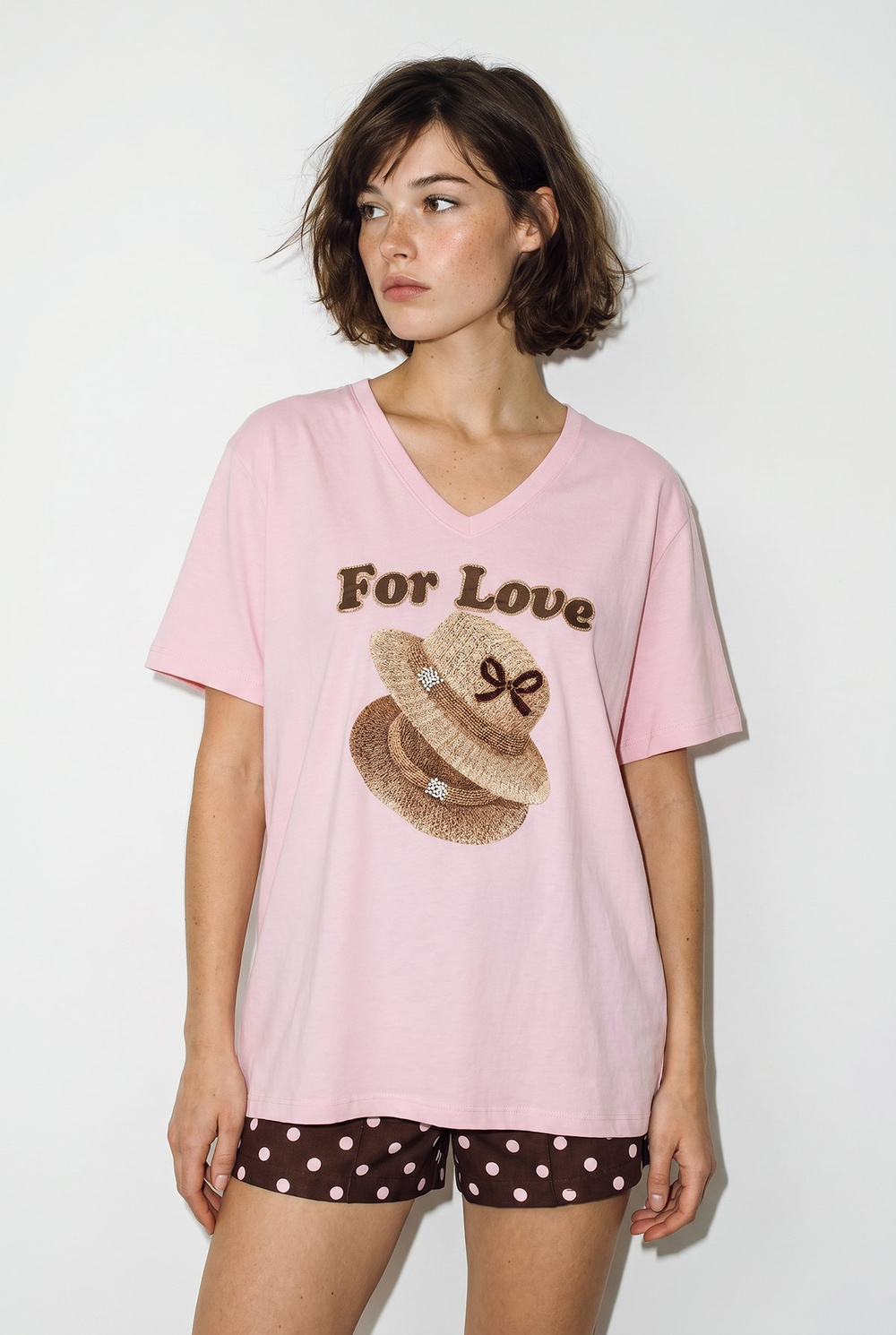 Kadın V Yaka For Love Nakış ve Boncuk İşlemeli Oversize T-Shirt 2240 60286329 - Pudra