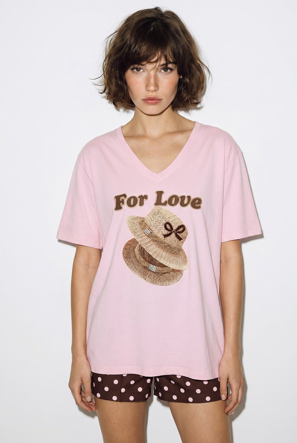 Kadın V Yaka For Love Nakış ve Boncuk İşlemeli Oversize T-Shirt 2240 60286329 - Pudra