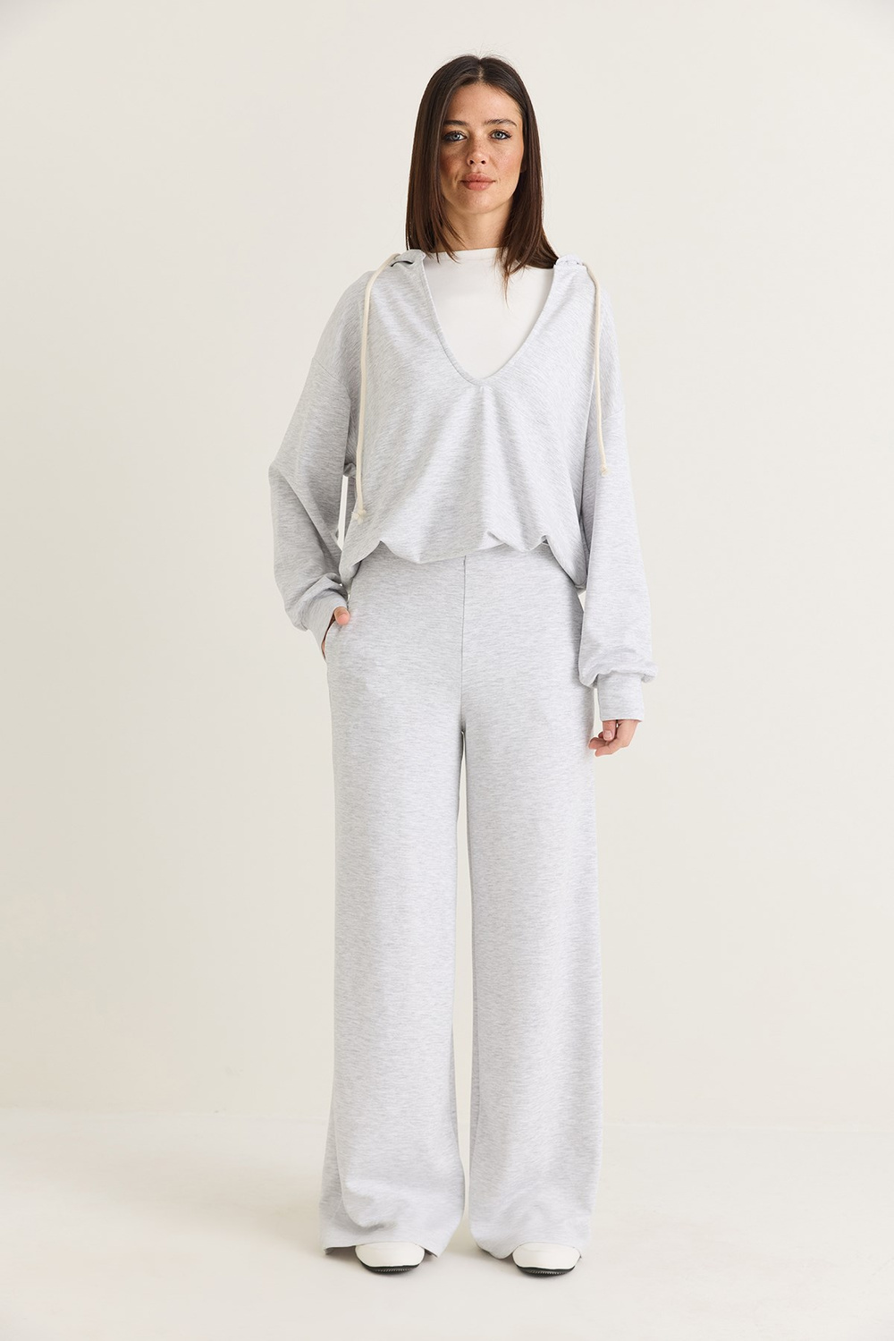 Kadın V Yaka Kapüşonlu Oversize Sweatshirt Atlet Wide Leg Pantolon 3lü Takım 4229 60286661 - Gri Melanj