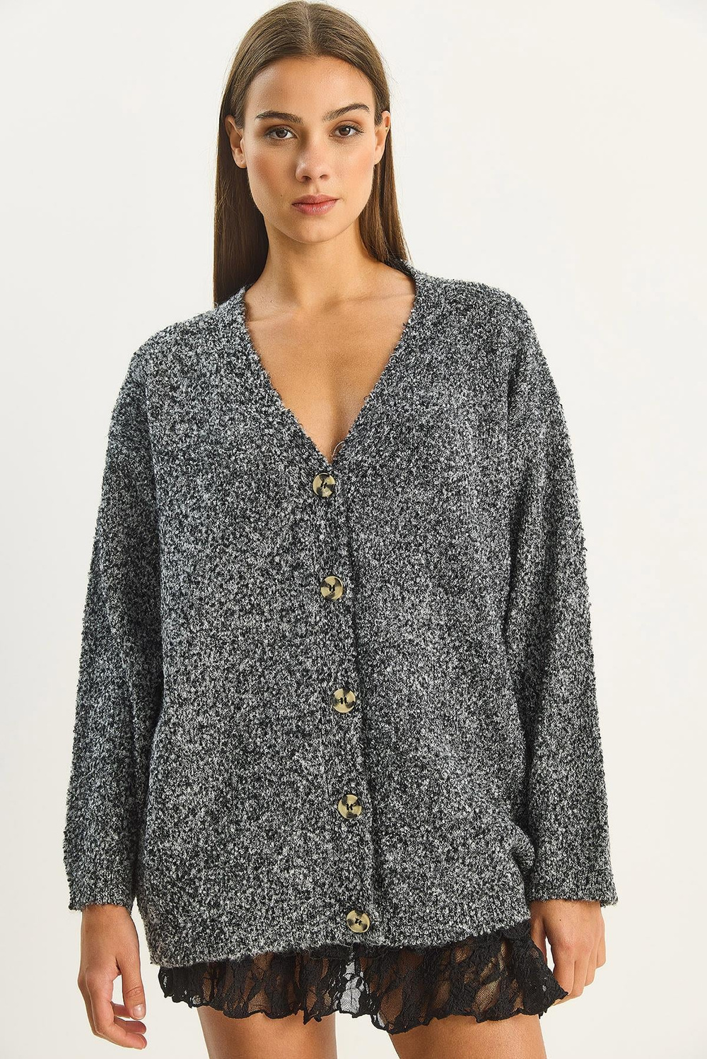 Kadın V Yaka Oversize Buklet Carmen Triko Hırka 2433 60283679 - Siyah