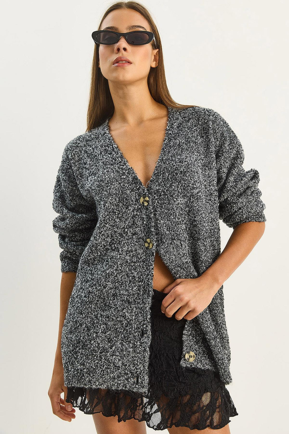 Kadın V Yaka Oversize Buklet Carmen Triko Hırka 2433 60283679 - Siyah