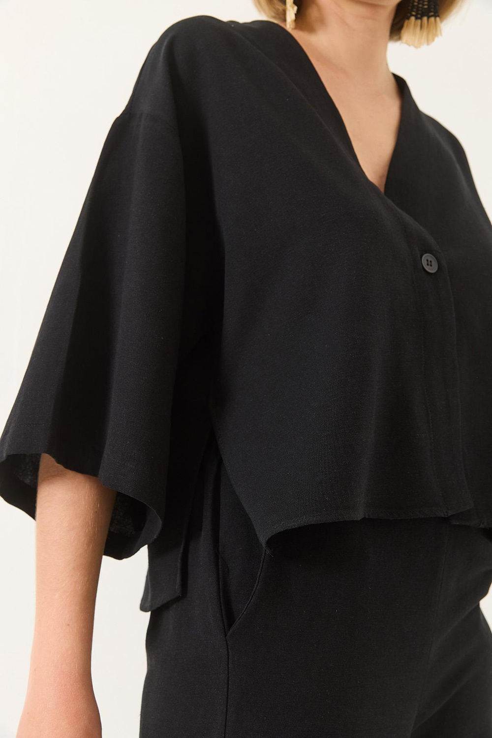 Kadın V Yaka Yarasa Kol Keten Kimono Palazzo Pantolonlu Alt-Üst Takım 9295 60281019 - Siyah
