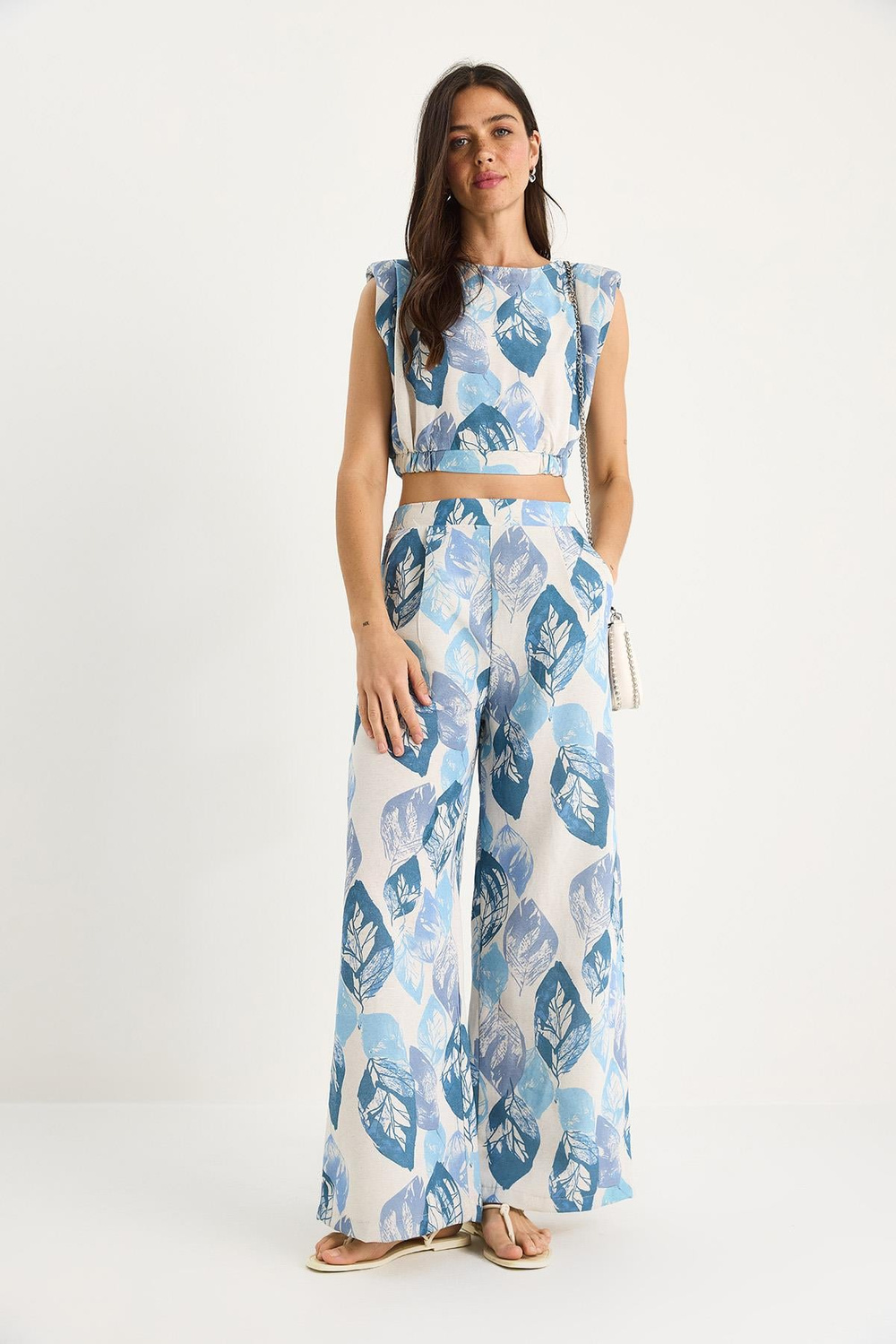 Kadın Vatkalı Beli Lastikli Crop Bluz Bol Pantolonlu Desenli Keten Alt-Üst Takım 25-086 60283430 - Mavi