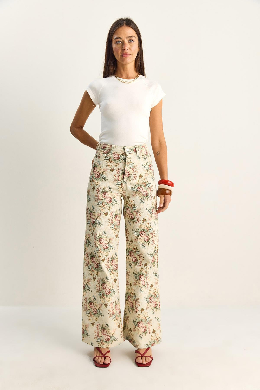 Kadın Vintage Desen Yüksek Bel Denim Pantolon DP251033 60286008 - Krem-Pembe