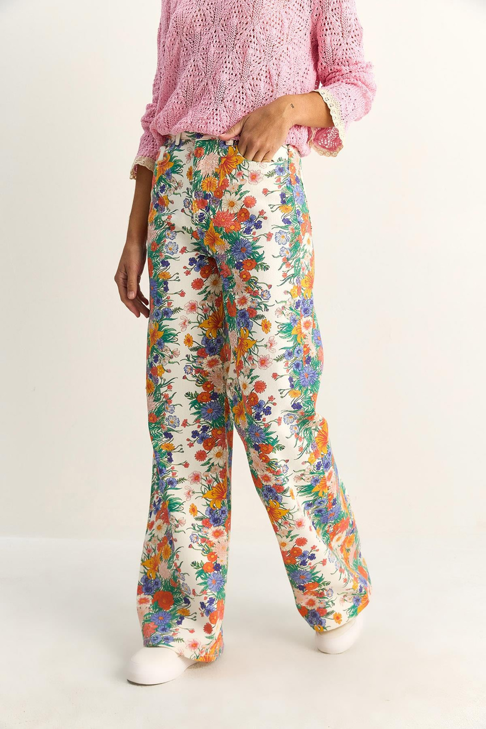 Kadın Vintage Desen Yüksek Bel Denim Pantolon DP251033 60286008 - Beyaz-Mavi