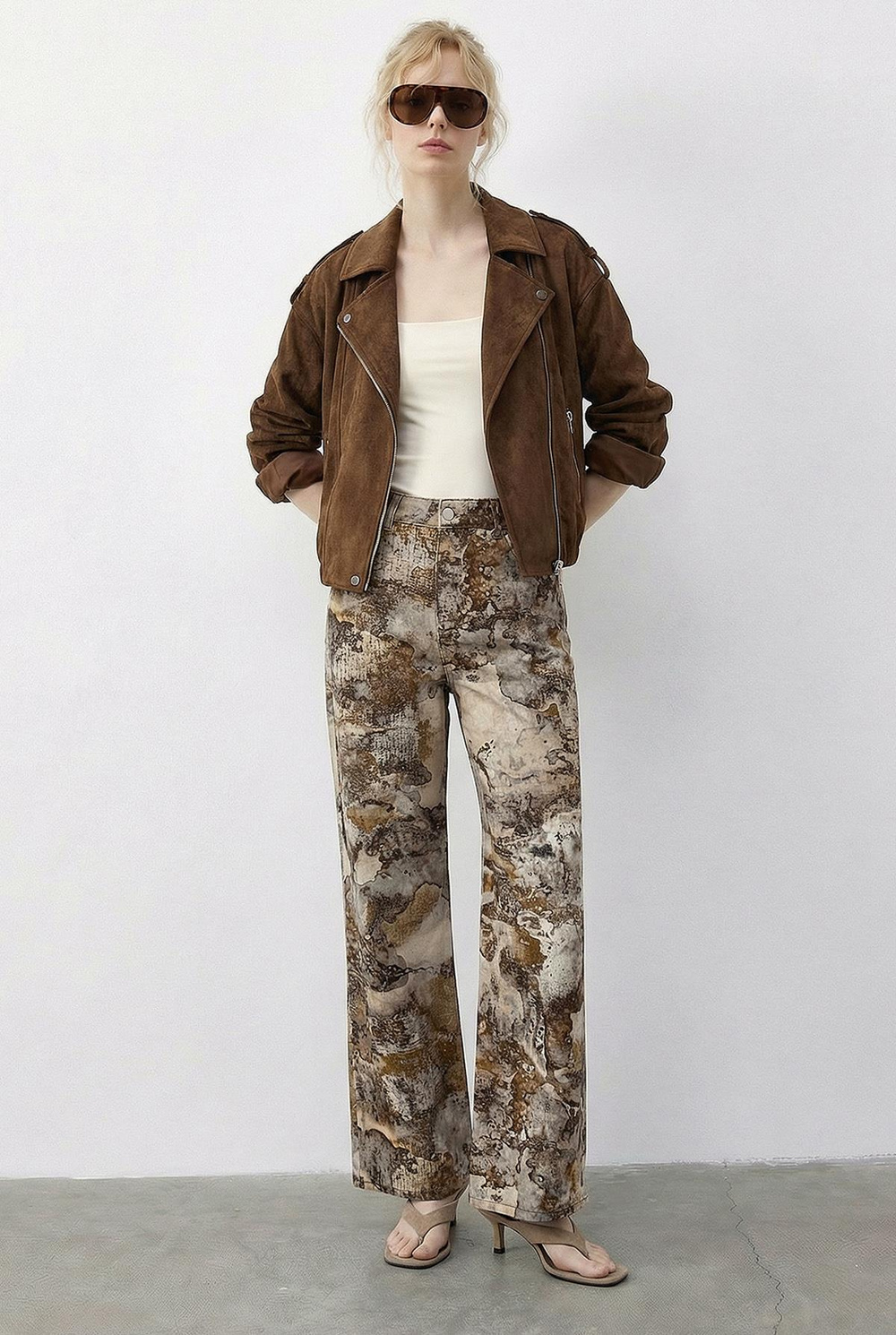 Kadın Vintage Desen Yüksek Bel Denim Pantolon DP251033 60286008 - Krem-Sarı