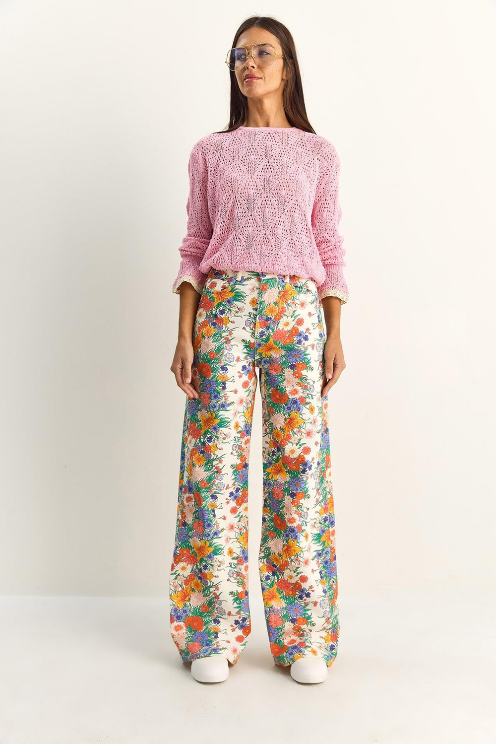Kadın Vintage Desen Yüksek Bel Denim Pantolon DP251033 60286008 - Beyaz-Mavi