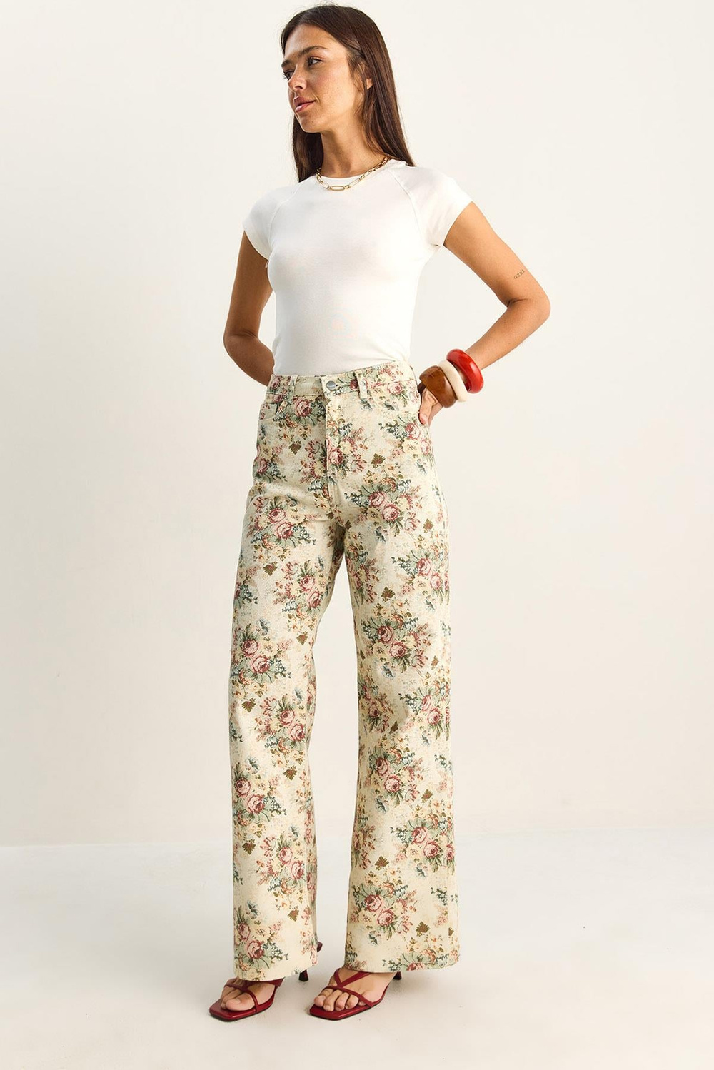 Kadın Vintage Desen Yüksek Bel Denim Pantolon DP251033 60286008 - Krem-Pembe