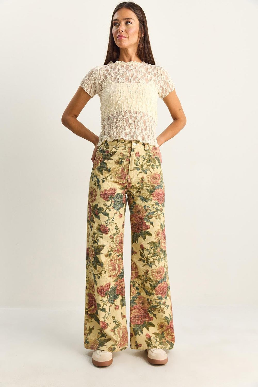 Kadın Vintage Desen Yüksek Bel Denim Pantolon DP251033 60286008 - Sarı