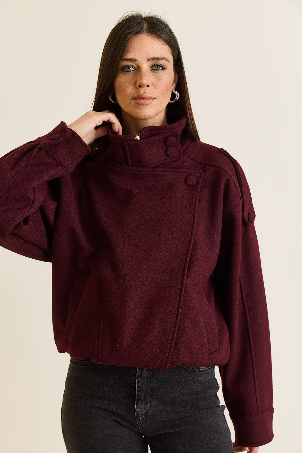 Kadın Viral Oversize Yüksek Yaka Apolet Detaylı Suni Kaşe Kaban 427 60286643 - Bordo