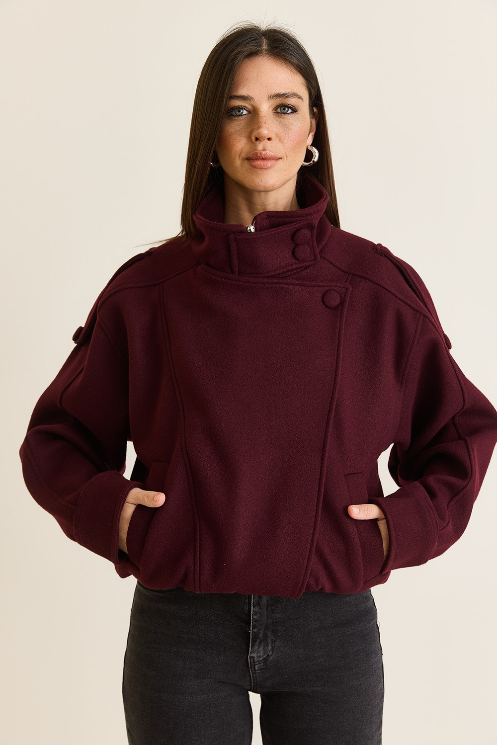 Kadın Viral Oversize Yüksek Yaka Apolet Detaylı Suni Kaşe Kaban 427 60286643 - Bordo