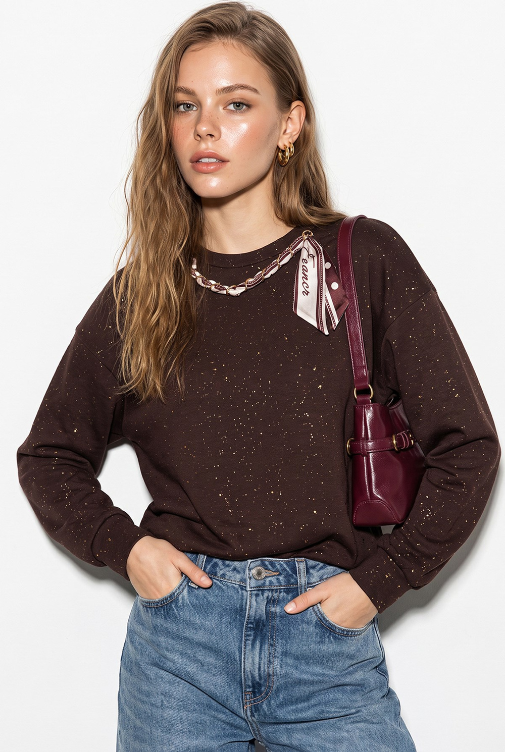 Kadın Yaldız Baskılı Zincir ve Fular Detaylı Modal Oversize Sweatshirt 2266 60286477 - Acı Kahve