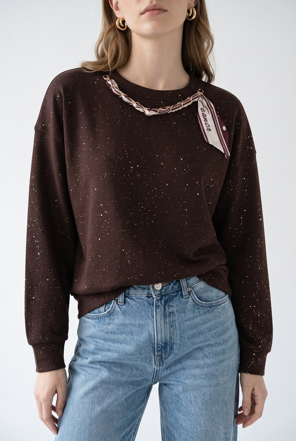 Kadın Yaldız Baskılı Zincir ve Fular Detaylı Modal Oversize Sweatshirt 2266 60286477 - Acı Kahve