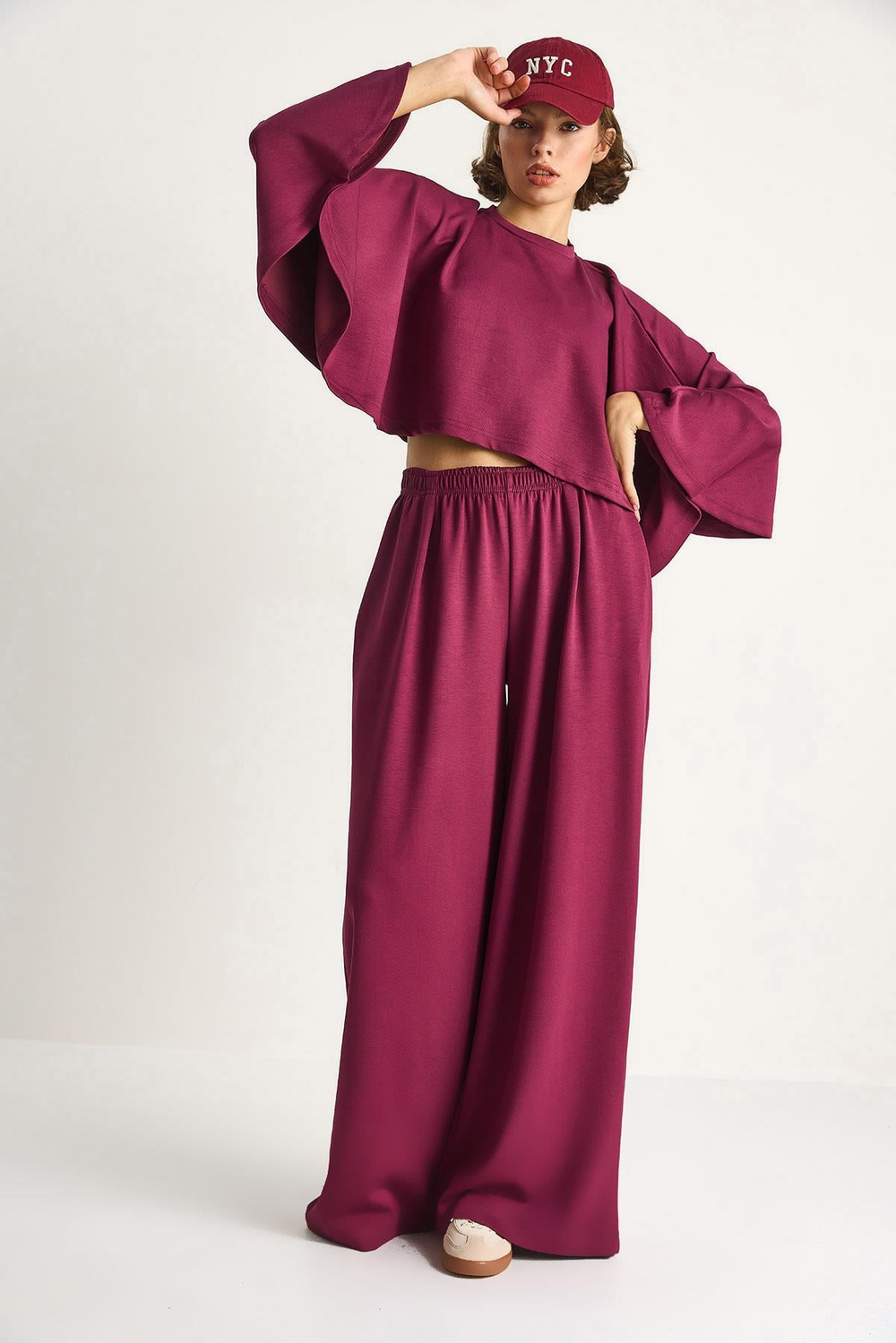 Kadın Yarasa Kol Crop Beli Lastikli Pantolon Modal Alt-Üst Takım 4025  60284068 - Vişne